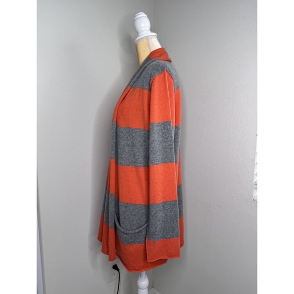 Pure Amici Cashmere Cardigan Orange Gray Striped Open Front Pockets - Picture 5 of 12